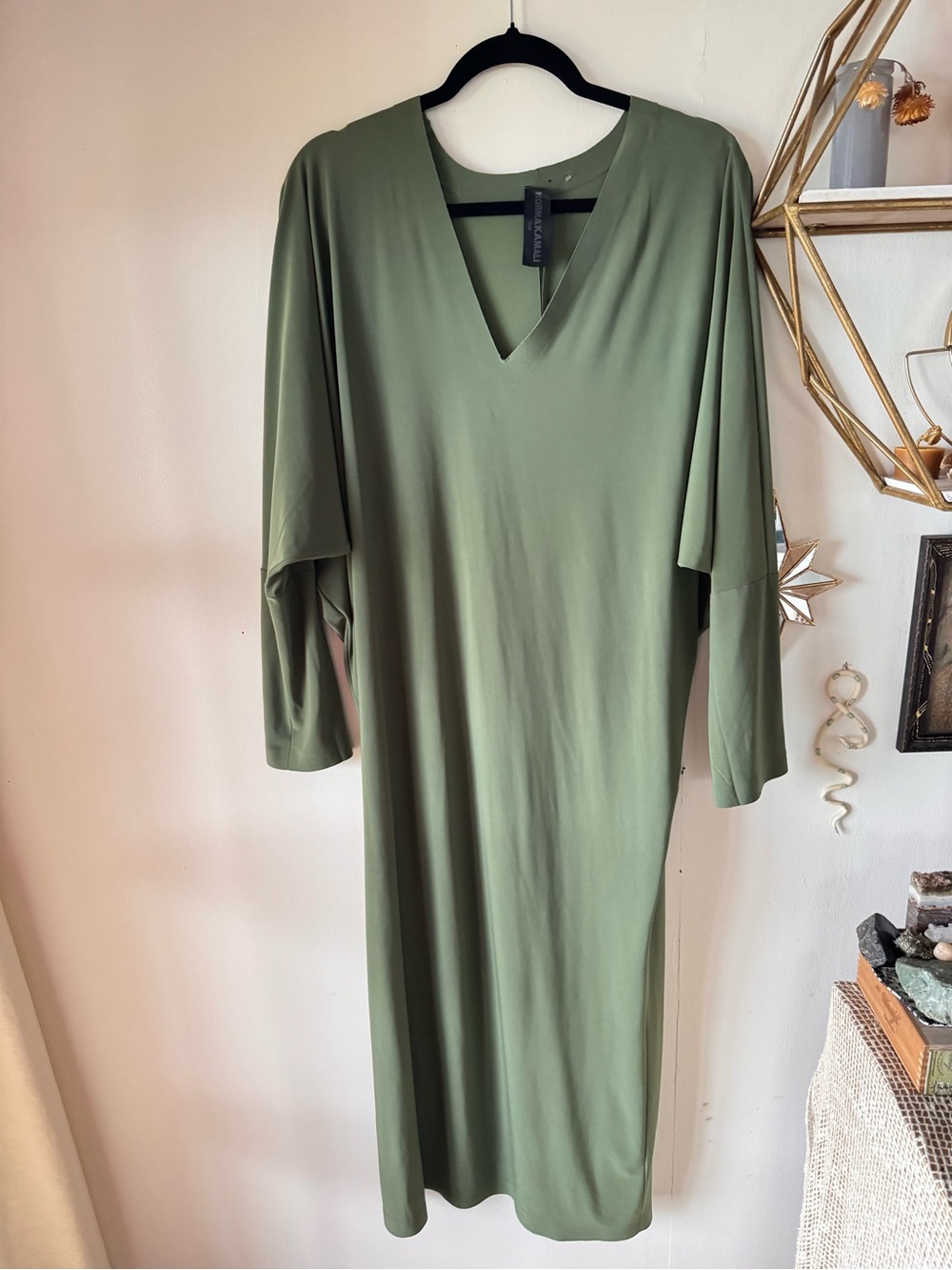 Norma Kamali Olive Green V-Neck Relaxed Midi Dress